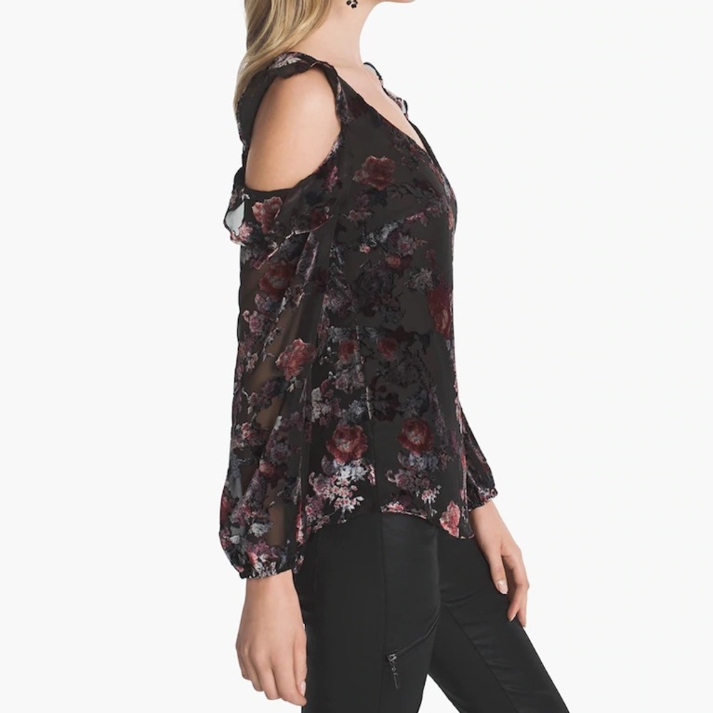 White House Black Market velvet burnout blouse cold shoulder